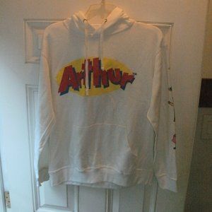 NEW FUN RETRO ARTHUR CARTOON GRAPHIC WHITE HOODIE PULLOVER SWEATSHIRT sz L